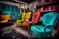 A Collection of Colorful Vintage Chairs Found in a Second-Hand Shop. Generative AI