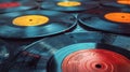 Collection of Colorful vinyl records. Assortment of vivid vinyl LPs. Top view. Background. Copy space. Concept of music Royalty Free Stock Photo