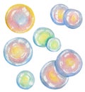 Collection of colorful water soap bubbles suds. Watercolor hand drawn illustration in cartoon style, isolated on white background Royalty Free Stock Photo
