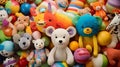 A collection of colorful and whimsical baby toys scattered on a soft, plush playmat, ready for playtime