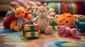 A collection of colorful and whimsical baby toys scattered on a soft, plush playmat, ready for playtime