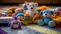 A collection of colorful and whimsical baby toys scattered on a soft, plush playmat, ready for playtime