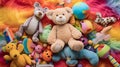 A collection of colorful and whimsical baby toys scattered on a soft, plush playmat, ready for playtime