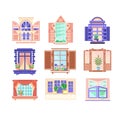 Flat vector set of colorful window frames. Flowers in pots on windowsills. House decoration elements. Building exterior