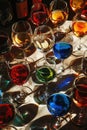 Collection of colorful wine glasses casting vibrant shadows Royalty Free Stock Photo