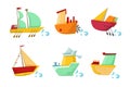 Set of colorful wooden ships with cute faces. Small sailing boats. Marine theme. Flat vector for children room decor or