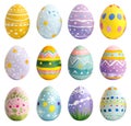 Collection of colourful hand painted decorated easter eggs on transparent background cutout, PNG