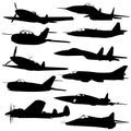 Collection combat aircraft silhouettes. Royalty Free Stock Photo