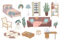 Collection of comfy furnutire in scandinavian style for bedroom. Vector illustration