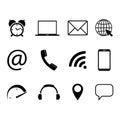 Collection of communication symbols. Contact, e-mail, mobile phone, message, wireless technology icons. Vector illustration