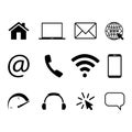 Collection of communication symbols. Contact, e-mail, mobile phone, message, wireless technology icons. Vector illustration