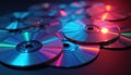 Collection of compact discs with vivid neon reflections in dark setting. Circular surfaces display colourful, vibrant, shiny, Royalty Free Stock Photo