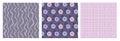 Collection of 3 complementary patterns in lilac colors. Flower heads, checks and wavy lines pattern set for printing on fabric and