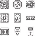 Collection of computer hardware icons such as cpu gpu motherboard ram and hdd Royalty Free Stock Photo