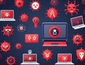 Collection of computer virus detection icons. System error warning on a laptop.