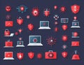 Collection of computer virus detection icons. System error warning on a laptop.