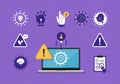 Collection of computer virus detection icons. System error warning on a laptop.