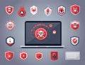 Collection of computer virus detection icons. System error warning on a laptop.