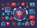 Collection of computer virus detection icons. System error warning on a laptop.