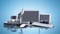 Collection of consumer electronics 3D render on blue background Royalty Free Stock Photo
