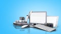 Collection of consumer electronics 3D render on blue background Royalty Free Stock Photo
