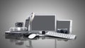 Collection of consumer electronics 3D render on grey background Royalty Free Stock Photo