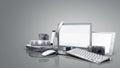 Collection of consumer electronics 3D render on grey background Royalty Free Stock Photo