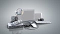 Collection of consumer electronics 3D render on grey background Royalty Free Stock Photo