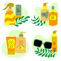 Vector set of tubes of suntan lotion, containers for sunscreens, oils and lotions with various spf numbers, sunglasses.