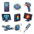 Modern technology gadgets and devices featuring electronic components and medical equipment isolated on white background Royalty Free Stock Photo