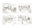 Collection of contour sketch drawings of cozy apartment furnished in Scandinavian hygge style. Set of rooms full of