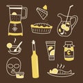 Collection of cool linear icons with dishes, drinks, recipes, cosmetics using lemons