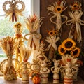 Collection of Corn Husk Dolls with Sunflowers and Fall Decor Royalty Free Stock Photo