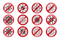 Collection of coronavirus, ncov, covid - 19 logos. Warning signs. Virus cartoon icons. Red stop symbols. Vector bacteria Royalty Free Stock Photo