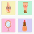 Collection of cosmetics and make-up. Cream tube, lipstick, nail polish and mirror. Set of cartoon style icons on stickers.