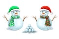 Collection of couple snowmen with snowballs, isolated on white background. Cute smiling snowmen set in santas hats and scarfs. Royalty Free Stock Photo