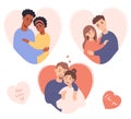 Collection couples in love. Cute fair-skinned and dark ethnicity enamored pairs. Vector illustration in flat cartoon