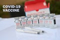 A collection of Covid vaccine bottles and syringes on solid background