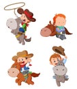 The collection of the cowboy children playing with the donkey Royalty Free Stock Photo