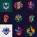 Collection of creative multicolored masks on a dark background. For your design