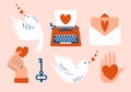 Cute kawaii illustrations of typewriter with sheet of paper, hand holding heart, love letter, flying bird, singing birdie.