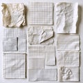 A collection of crumpled graph and lined paper sheets arranged in a grid pattern, showcasing texture and imperfection