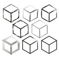 Collection of cube sketches. Various styles of 3D boxes. Geometric shape illustrations. Vector illustration. EPS 10.