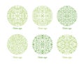 Collection of curved circular oriental ornaments drawn with green contour lines on white background. Bundle of round