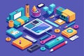 A collection of customizable digital tools, including devices and stationery, arranged creatively on a colorful background, Royalty Free Stock Photo