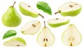 Collection of cut pear fruits and leaves, isolated on white background