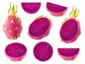 Collection of cut purple fleshed dragon fruits isolated on white