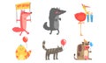 Collection of Cute Animals for Happy Birthday Design, fox, Wolf, Cat, Flamingo, Cow Vector Illustration Royalty Free Stock Photo