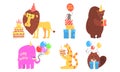 Collection of Cute Animals for Happy Birthday Design, Lion, Mouse, Bear, Elephant, Cat, Beaver Vector Illustration