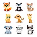 Collection of cute animals including fox, panda, cat, pony, monkey, giraffe, koala, sheep and raccoon.